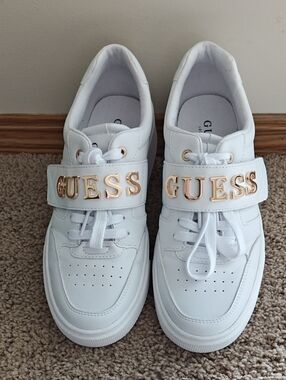 Guess White Sneakers with Gold Logo Strap Accent